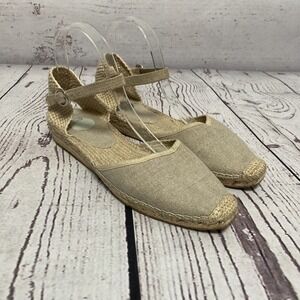 RAS Women's Espadrille Sandals Size 39 8.5 Beige Linen Ankle Strap Made in Spain